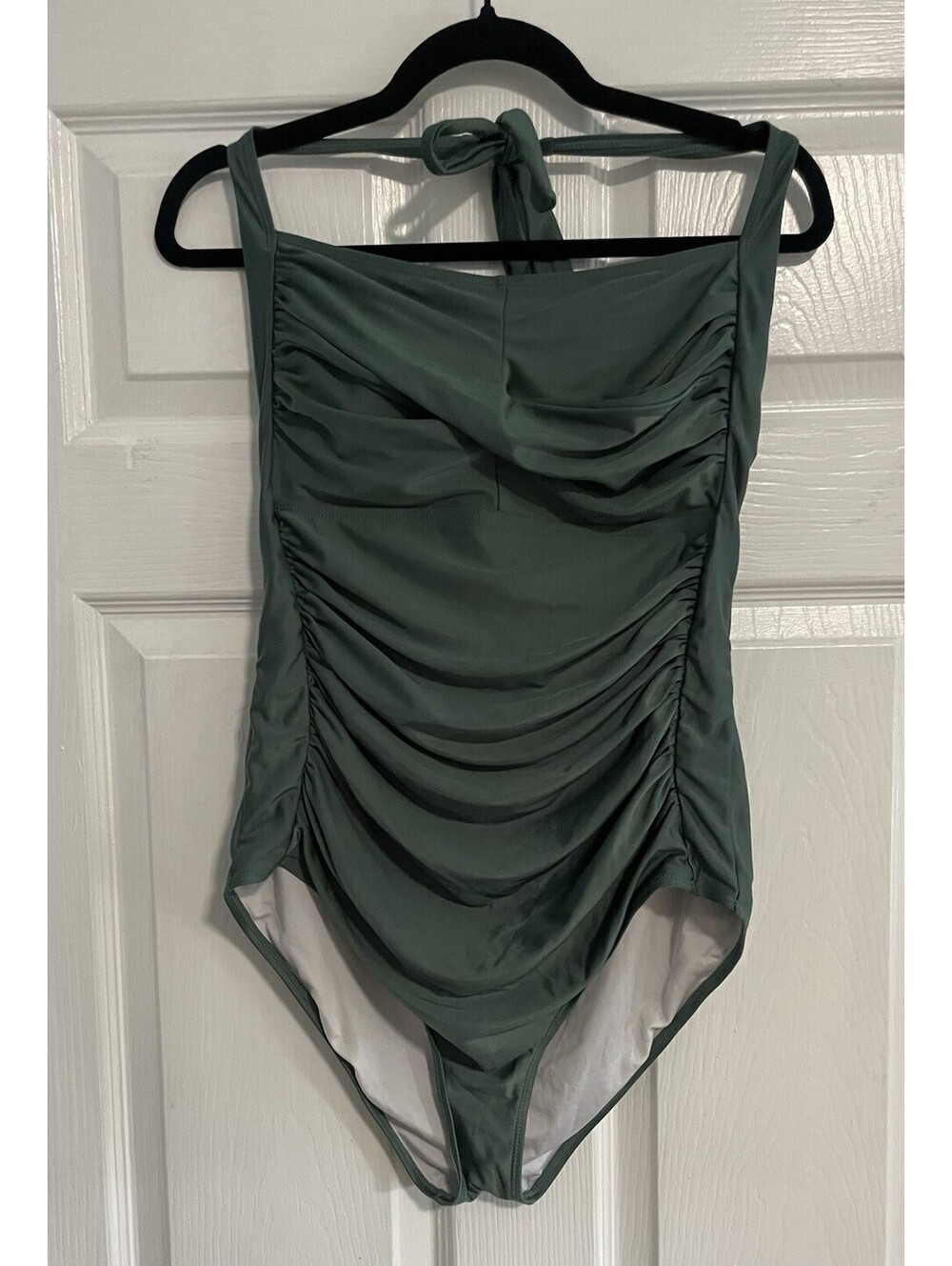 Olive Green Ruched Halter One Piece Swimsuit Nylon Spandex Stretch Solid xl